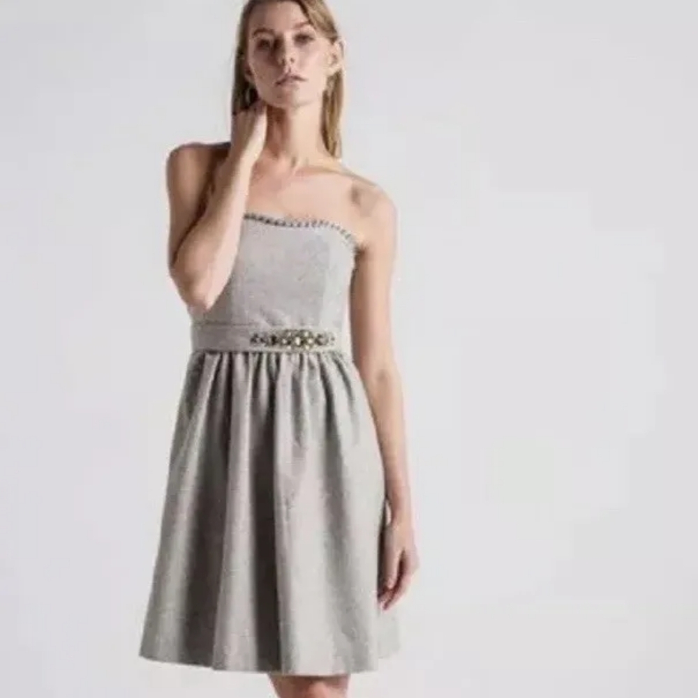 BR Grey Wool Bejeweled Strapless Festive Retro Cocktail Dress Size Small